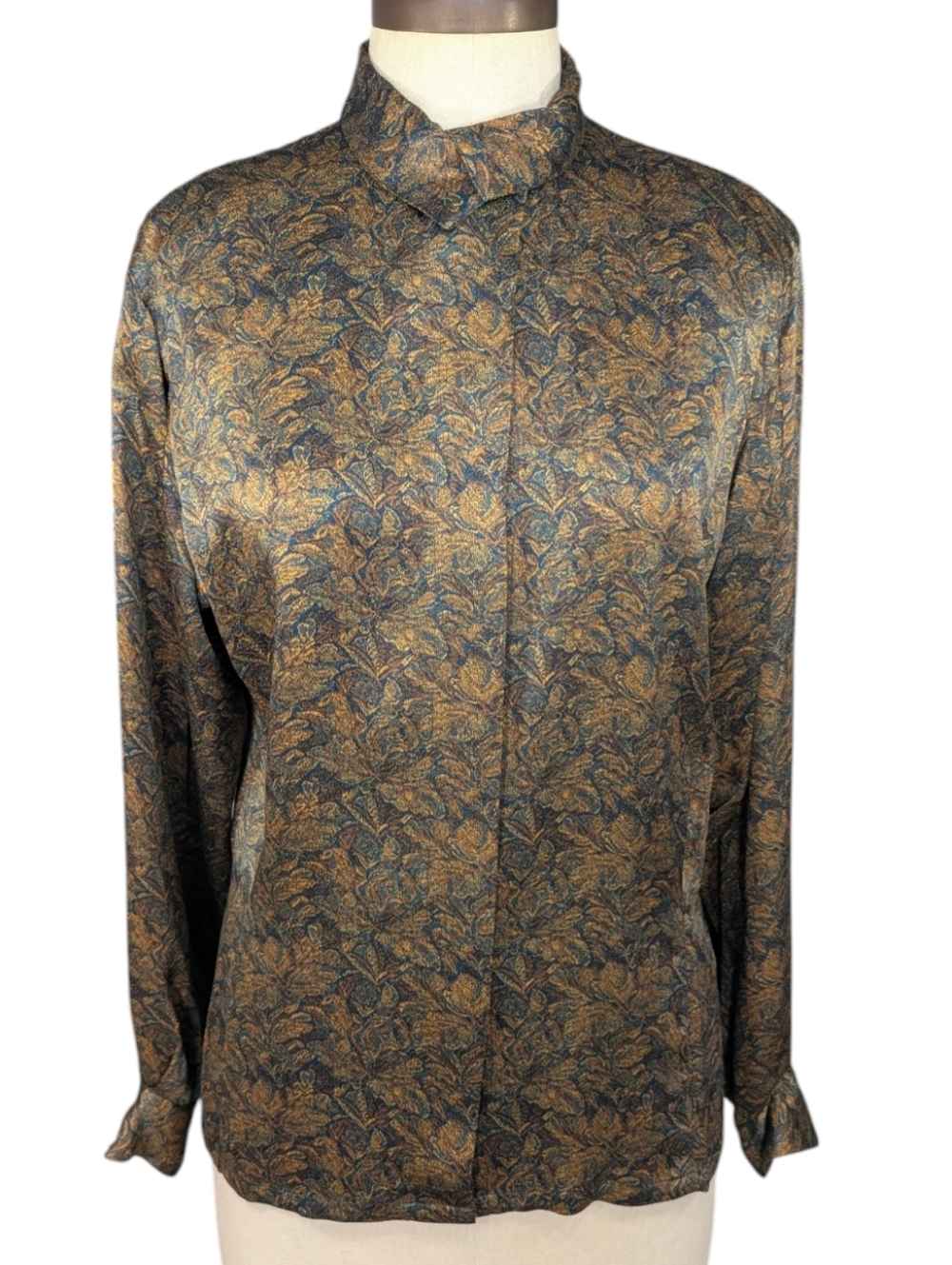 Vintage Linda Allard Ellen Tracy, Earthy Dark Floral Silk Blouse. Size 4.